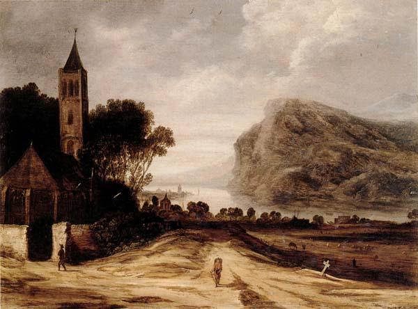 Philippe de Momper An extensiver river landscape with a church,cattle grazing and a traveller on a track oil painting picture